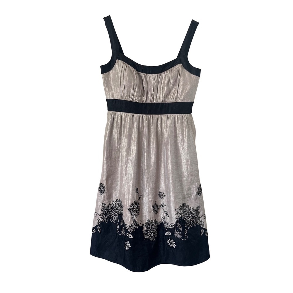 SL Fashions Y2K Metallic Champagne Black Floral Embroidered Swingoth Dress 4
